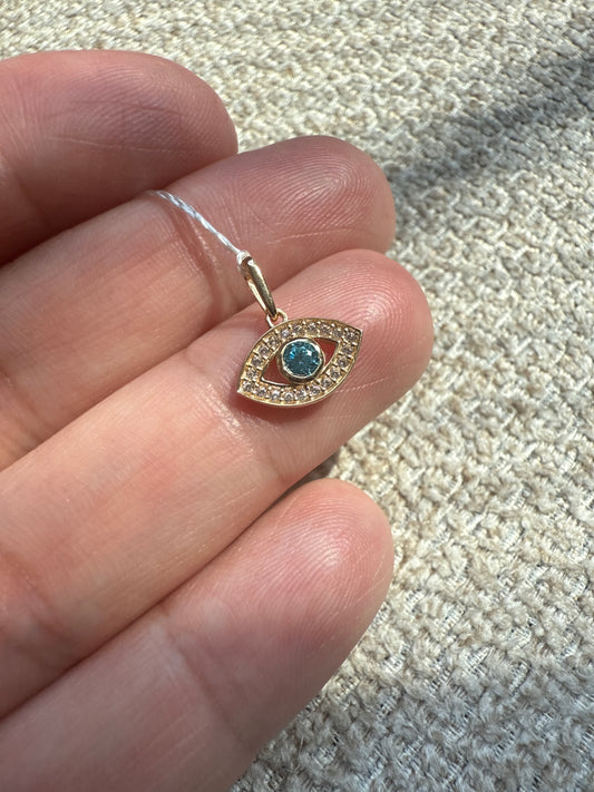 14k gold with blue cubic zirconia evil eye pendant