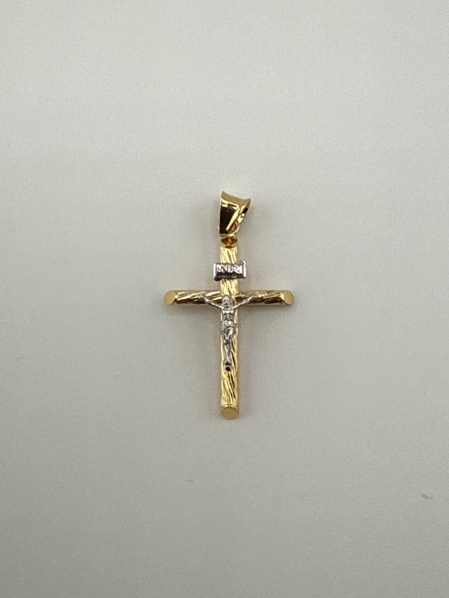 14k Gold w/ White Rhodium Polished & Textured Crucifix Pendant