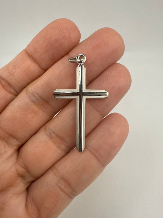 Sterling Silver Polished Grooved Cross Pendant