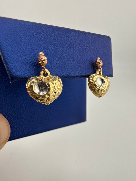 14k tri-color gold heart post earrings