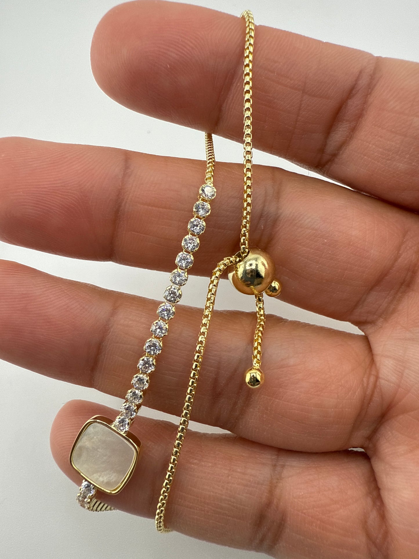 Sterling Silver, Square MOP Center, Zirconia Adjustable Bolo Bracelet - Gold Plated