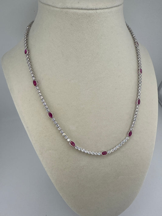 Sterling Silver Beaded Outline Oval & Round Zirconia Tennis Necklace - Ruby