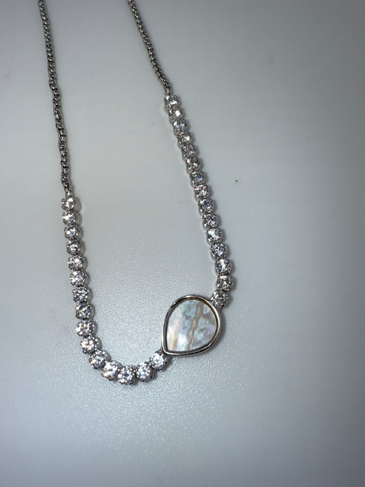 Sterling Silver, Pearshape MOP Center, Zirconia Adjustable Bolo Bracelet