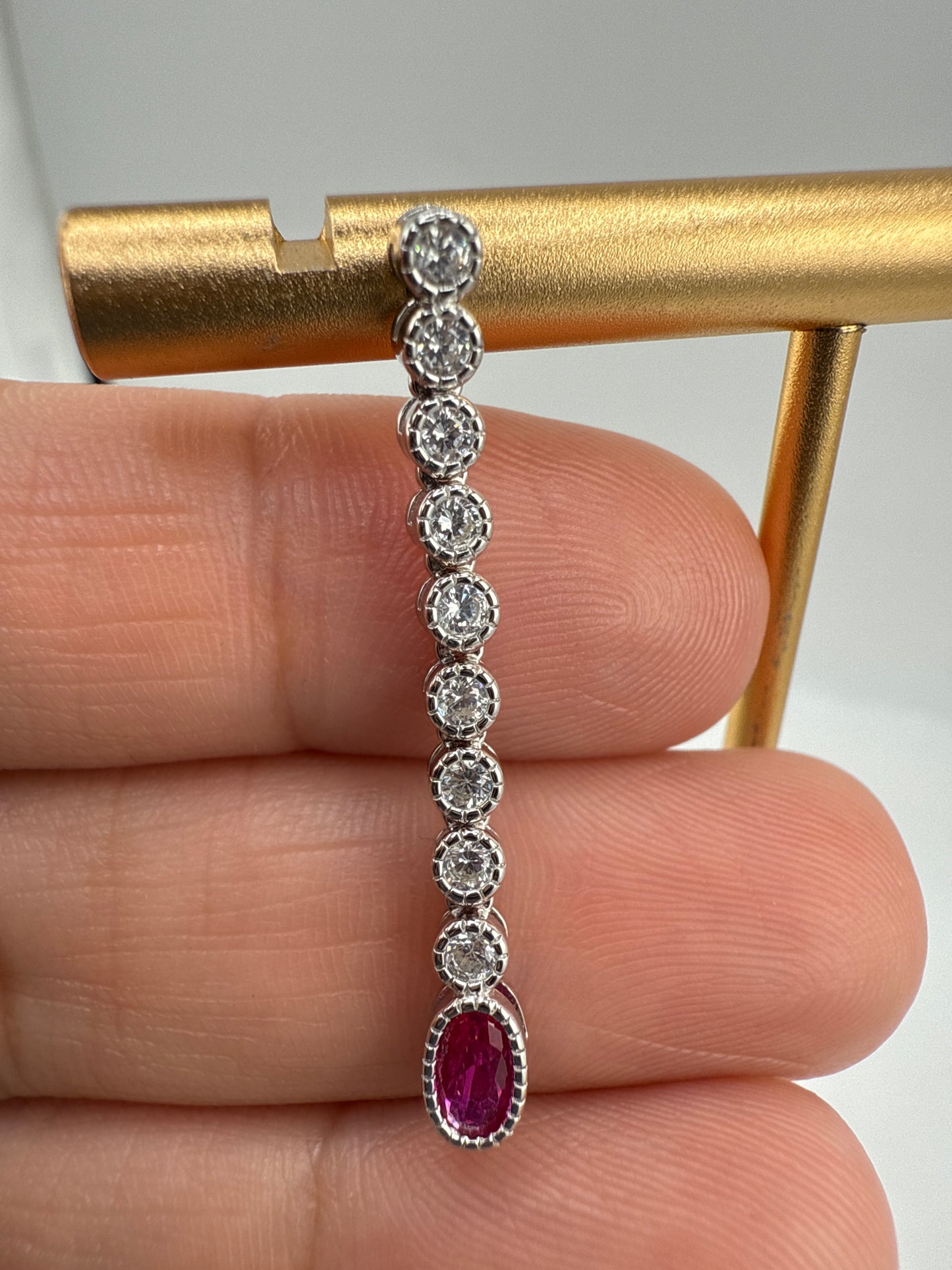 Sterling Silver Beaded Outline Oval and Round Zirconia Earrings - Ruby