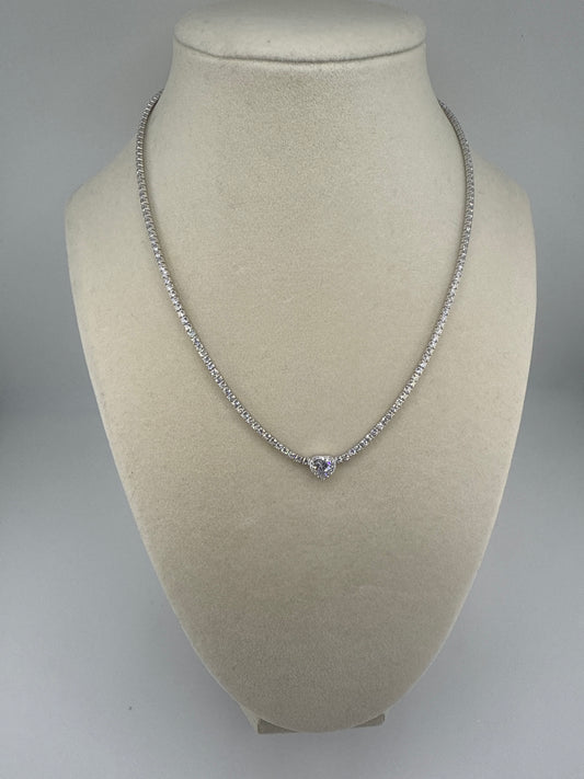 Sterling Silver, Alternating Round Zirconia Tennis Necklace