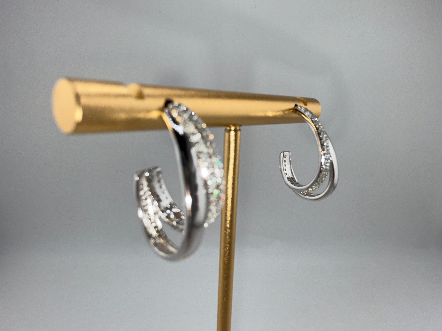 Sterling Silver, Triple Row Zirconia & Polished Half Hoop Earrings