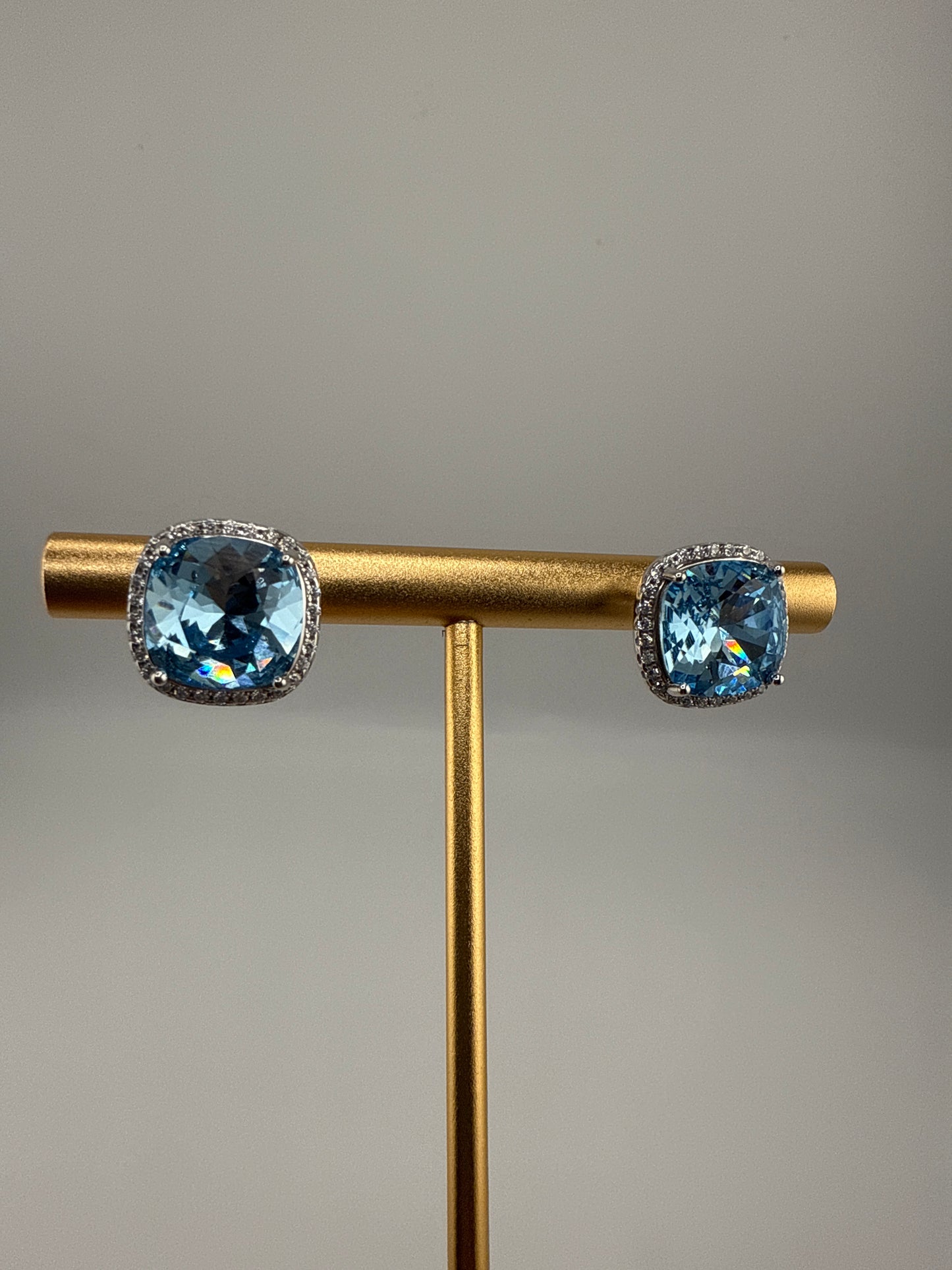 Sterling Silver, Zirconia, and 10mm Cushion Square Aqua Swarovski Element Earrings