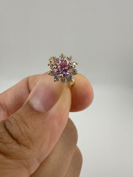 14k Yellow Gold, Zirconia, and Pink Gemstone Huggie Earrings