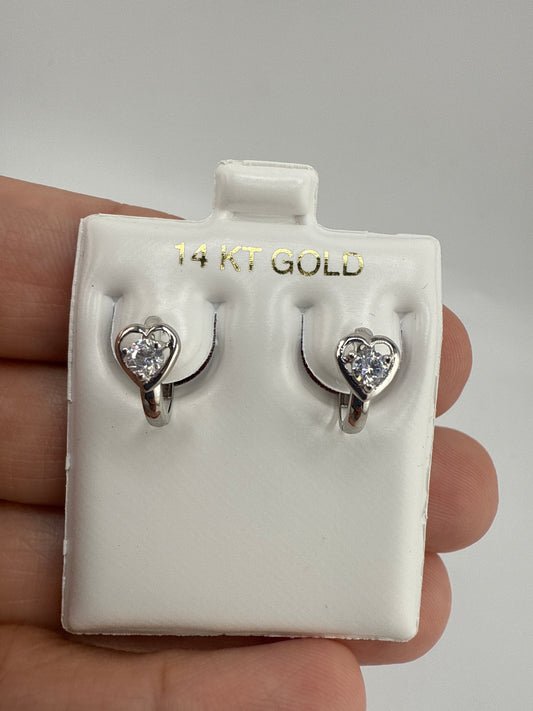 14k White Gold Small Huggie Earrings with Zirconia and Heart detail