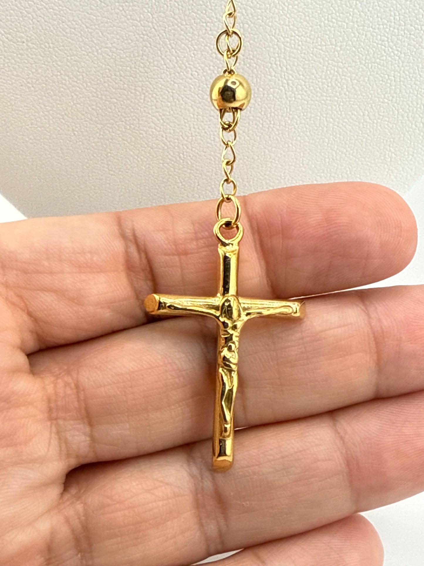 Stainless Steel Polished Yellow IP-Plated Beaded Rosary Necklace and Pendant