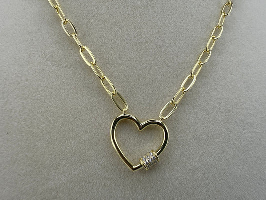Gold Plated Sterling Silver Micro Pave Zirconia Heart Carabiner Paperclip Necklace