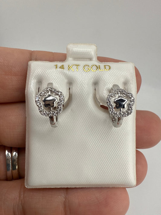 14k White Gold small Zirconia Huggie Earrings with Flower and Star details