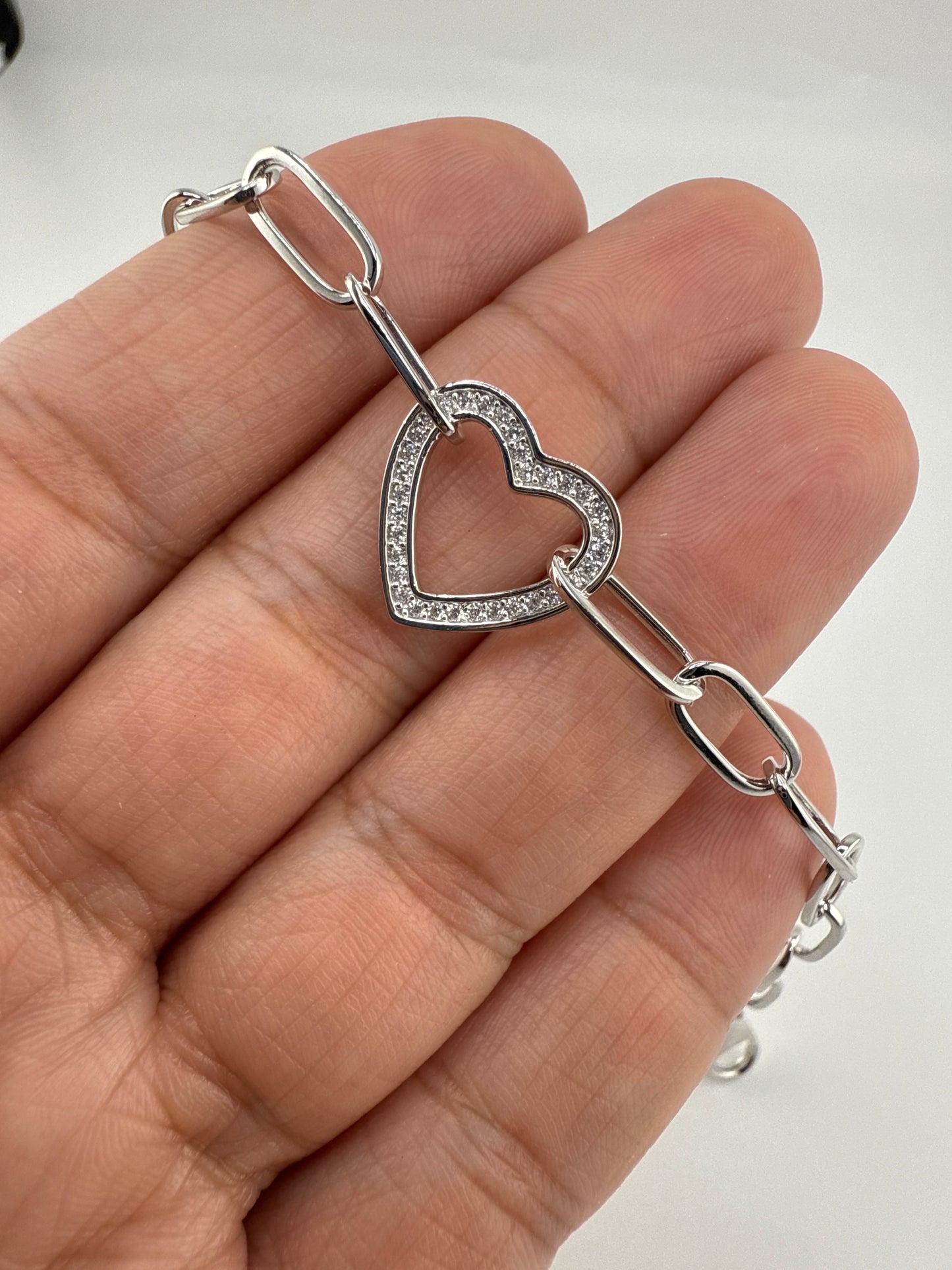 Sterling Silver Zirconia Heart Paperclip Bracelet