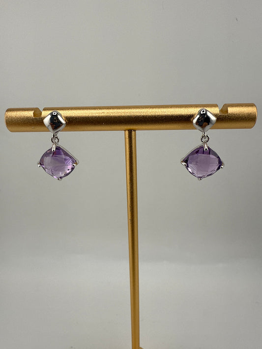 Sterling Silver, Four-Prong Square Cushion-Cut Gemstone Earrings - Amethyst