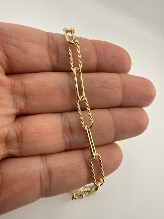 Sterling Silver Alternating Rope Design & Polished Paperclip Bracelet - Gold Plated