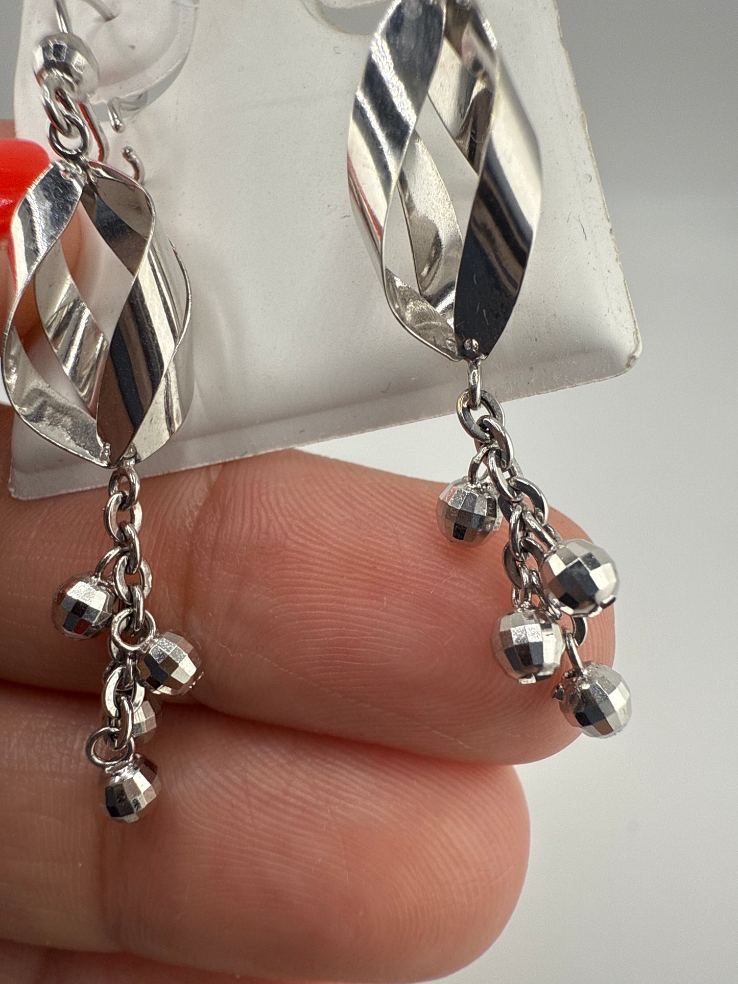 14k White Gold Dangle Huggie Earrings with Disco Ball Details
