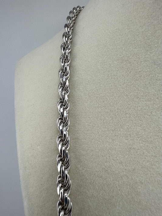 Sterling Silver 24inch Solid Diamond-Cut 5mm Rope Chain - Rhodium Plated