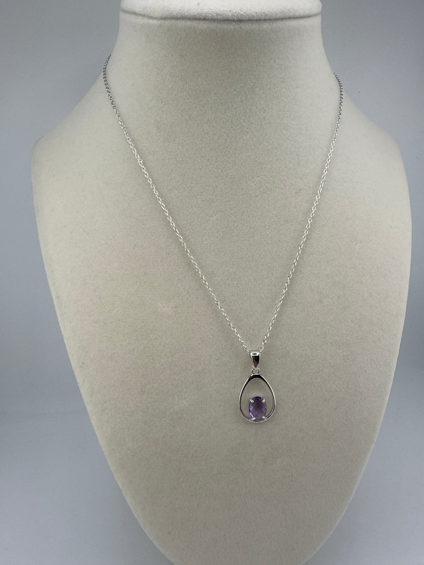 Sterling Silver Pear-Shaped, Four-Prong Gem Necklace, Amethyst