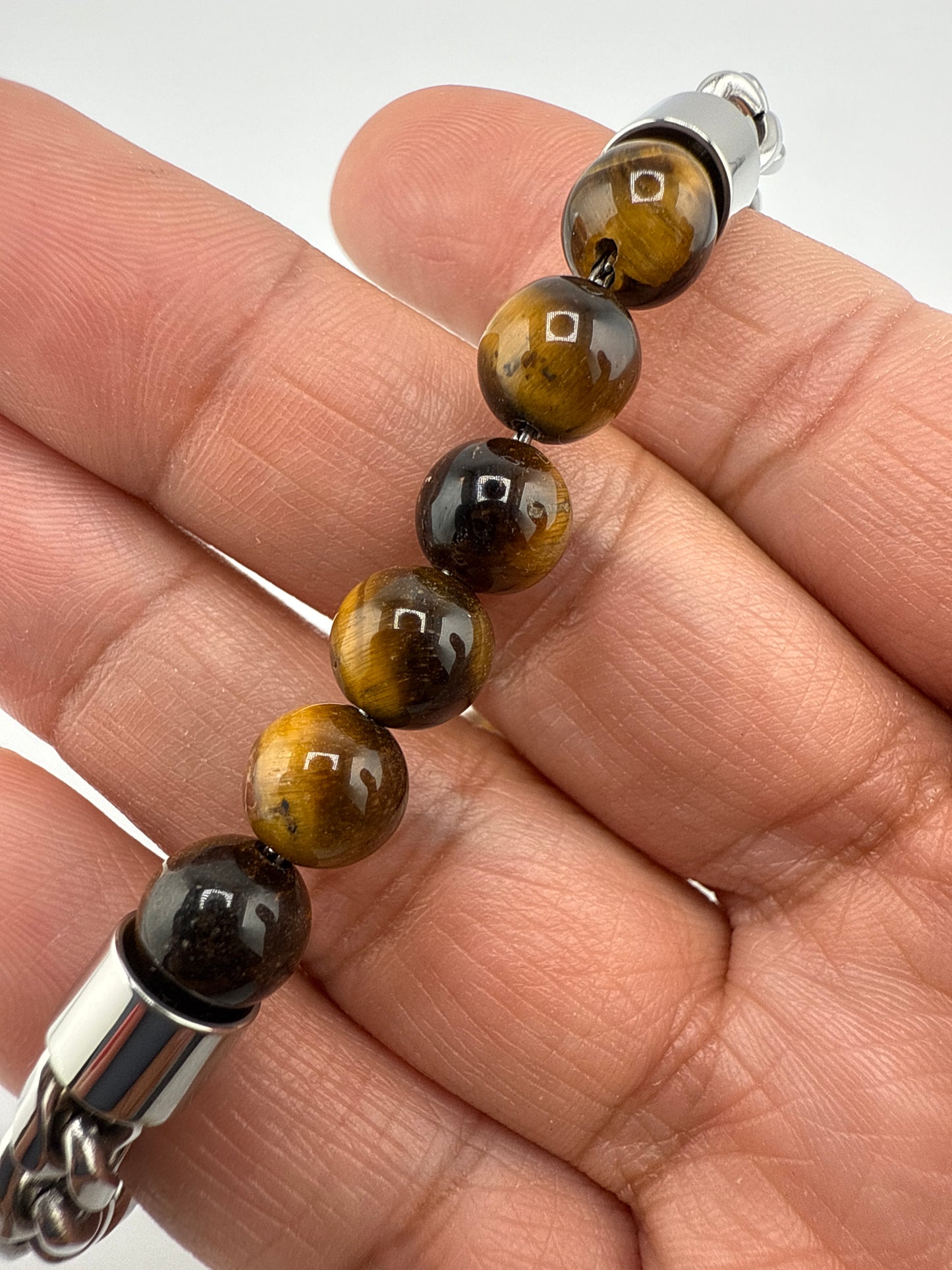 Stainless Steel 8mm Genuine Bracelet Bead & Chain Bracelet - Tiger Eye