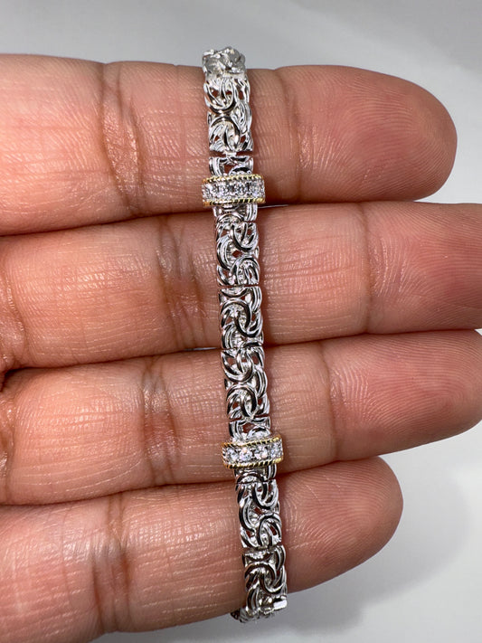 Sterling Silver Byzantine Design Zirconia Bracelet - Two-Tone