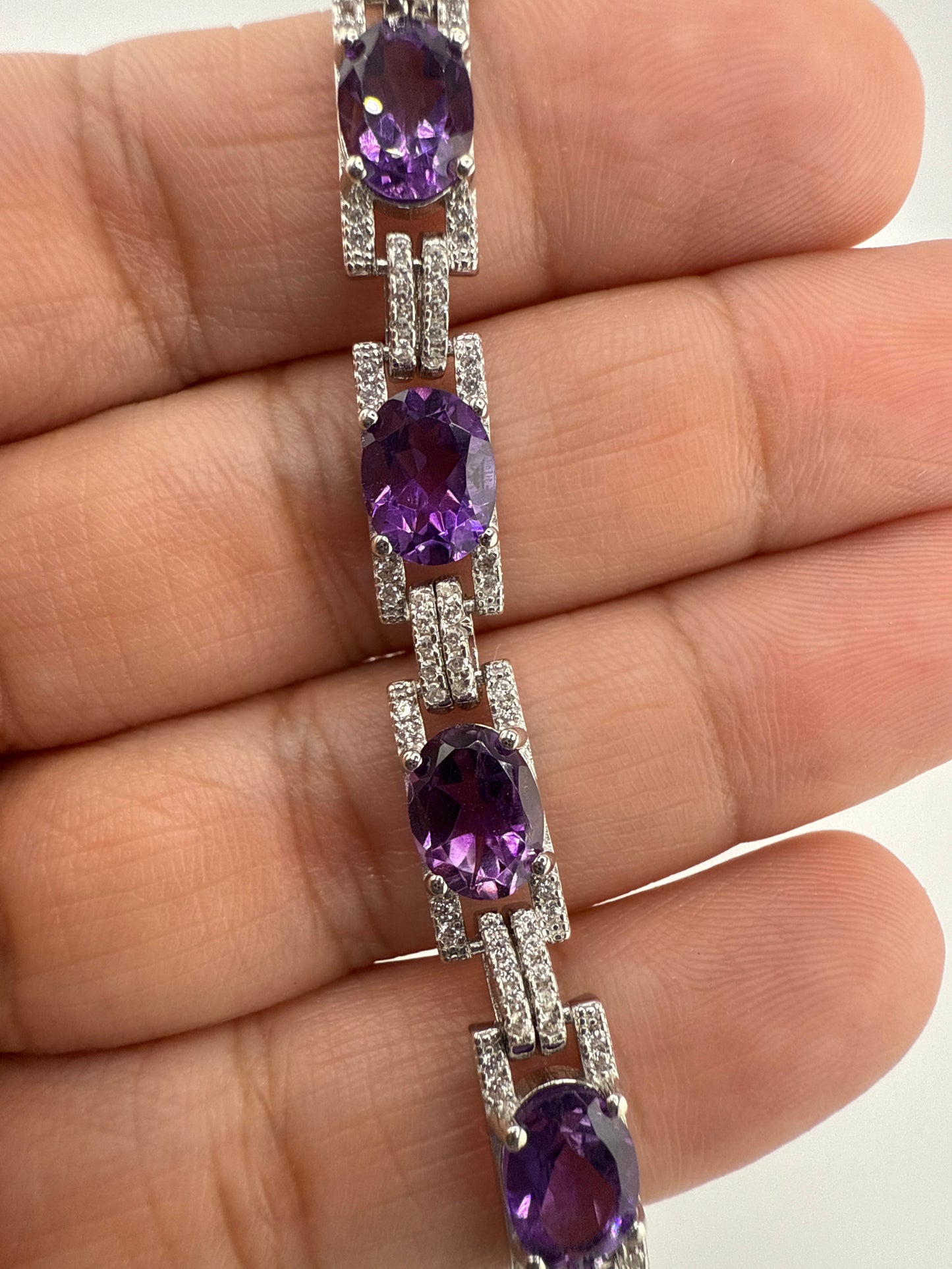 Sterling Silver, Oval & White Topaz Link Bracelet - Amethyst