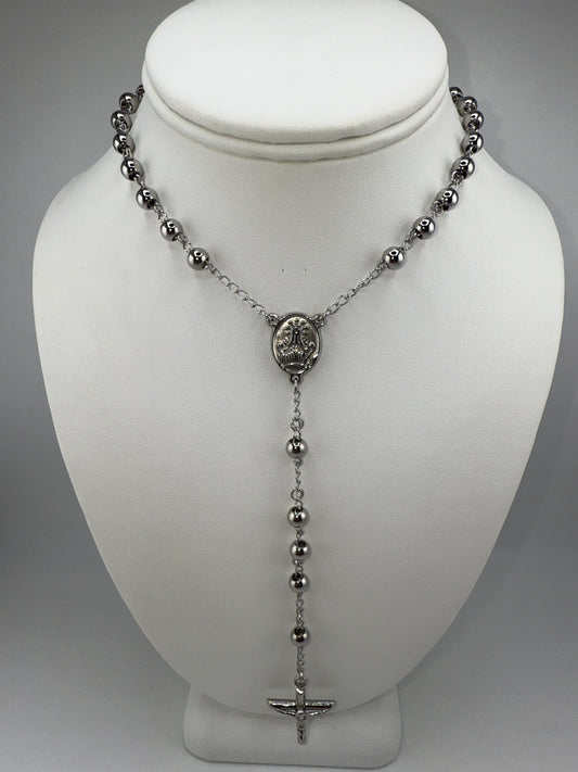 Stainless Steel Polished 6mm Beaded Rosary 29.5 inch Necklace