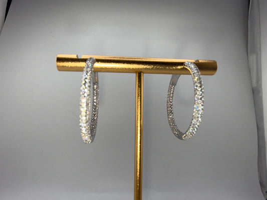 Sterling Silver 3x30mm Inside-Outside Micro Pave Zirconia Hoop Earrings