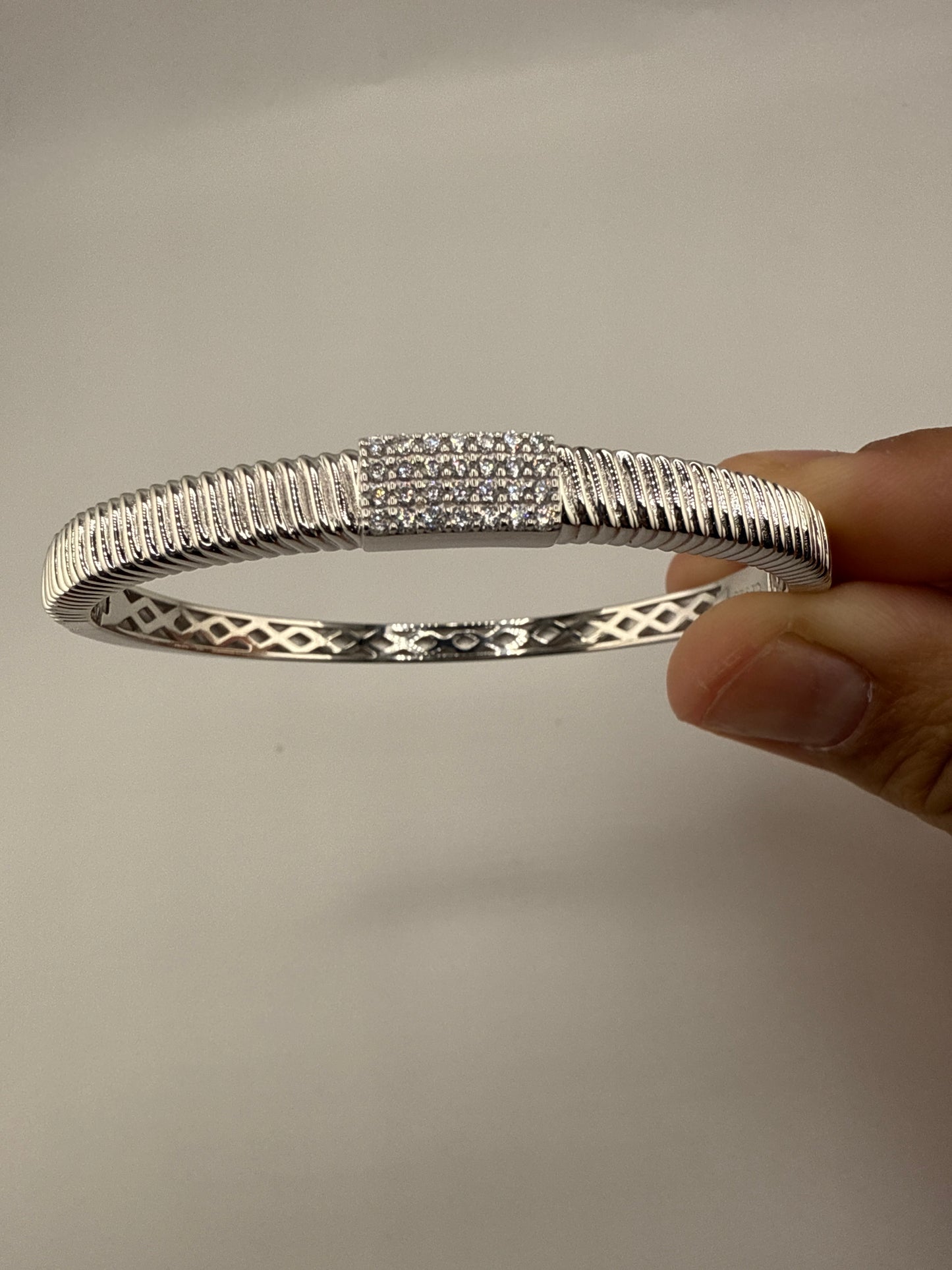 Sterling Silver Rectangle Pave Zirconia Bangle