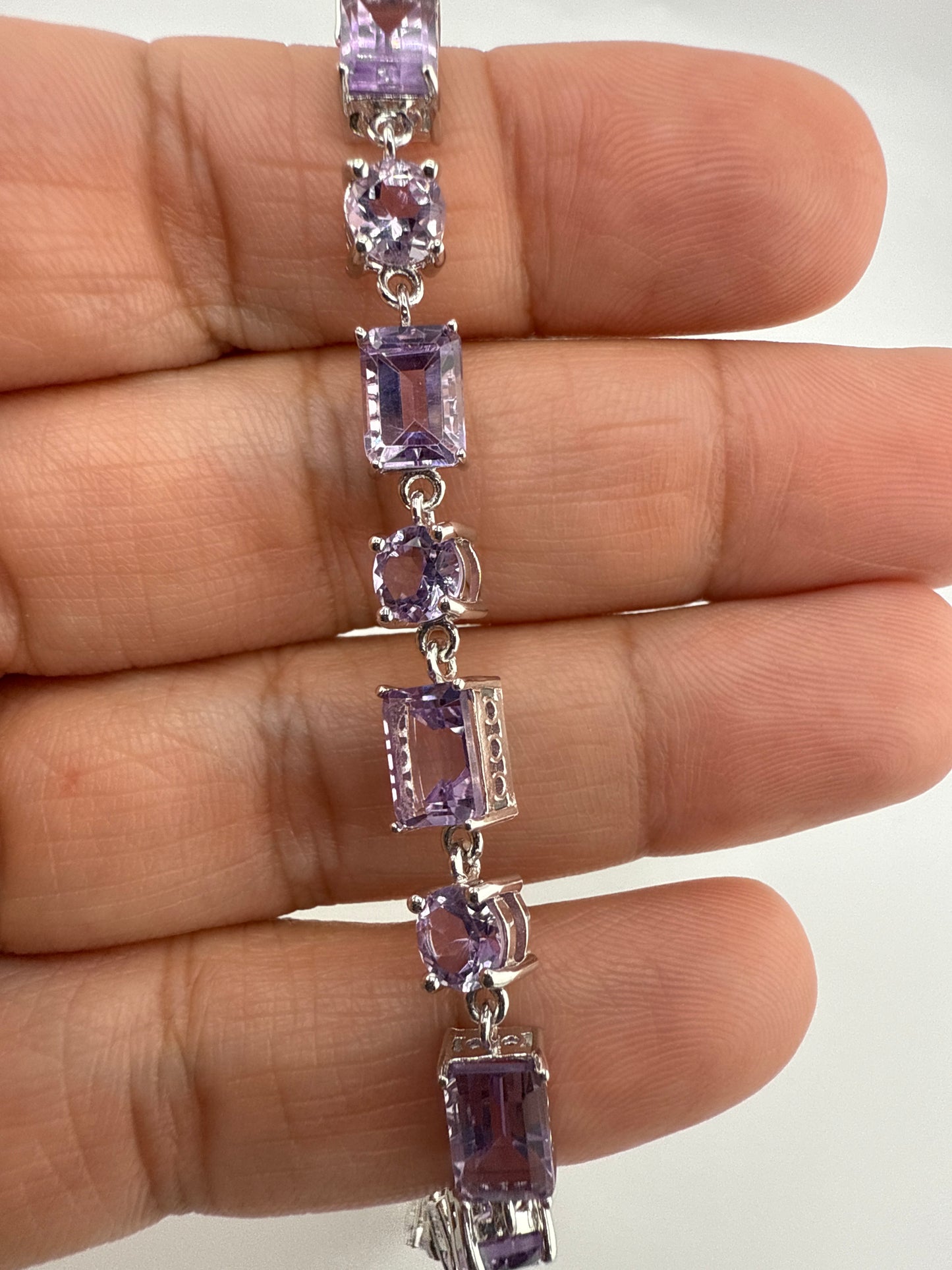 Sterling Silver, Amethyst Round & Emerald Bracelet