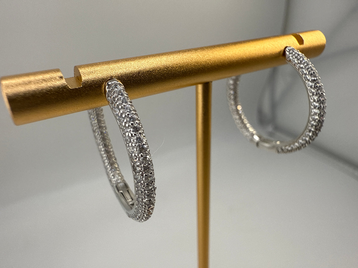 Sterling Silver 3x25mm Inside-Outside Micro Pace Zirconia Hoop Earrings