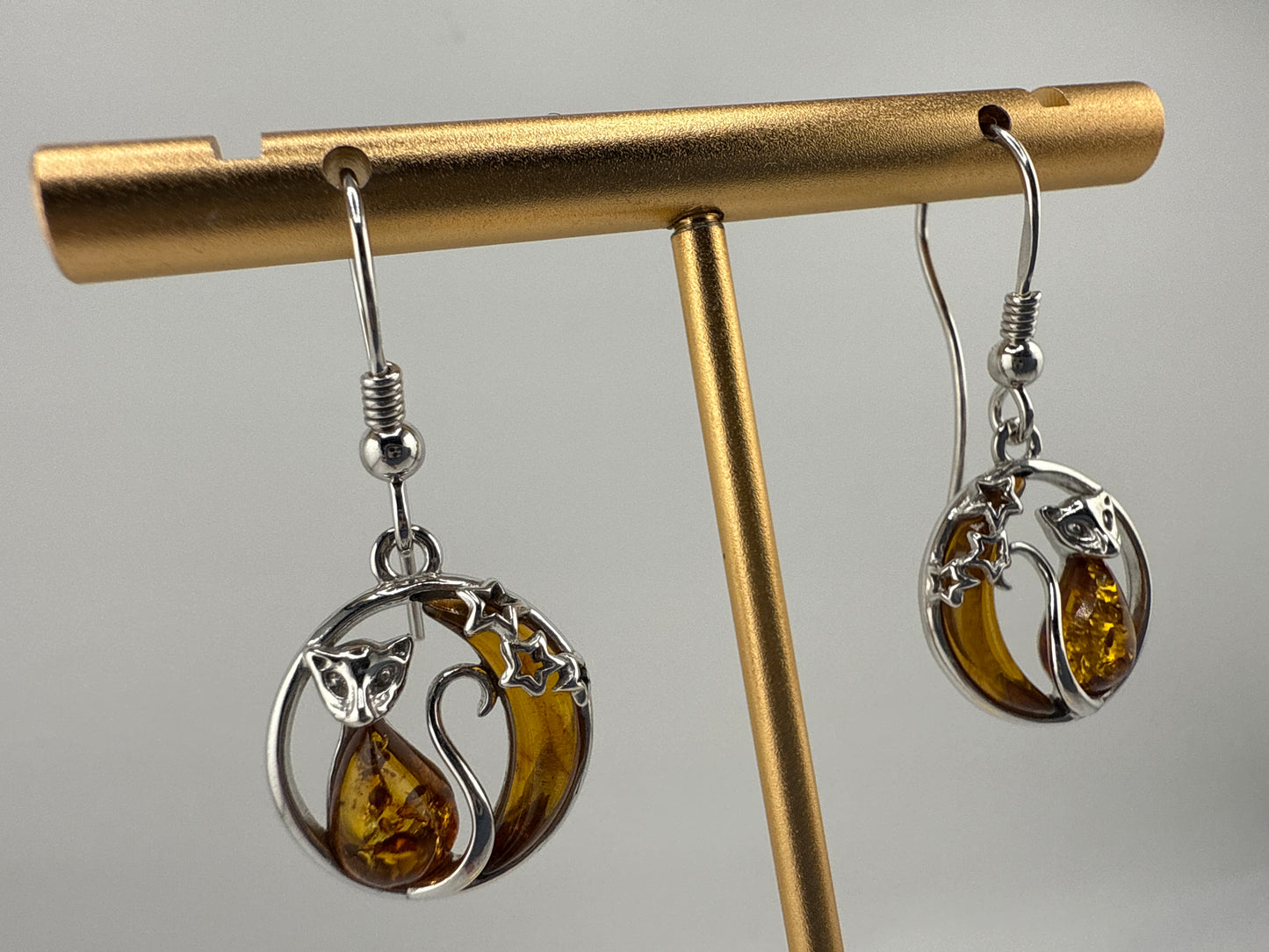 Sterling Silver, Cat & Moon Amber Dangle Earrings