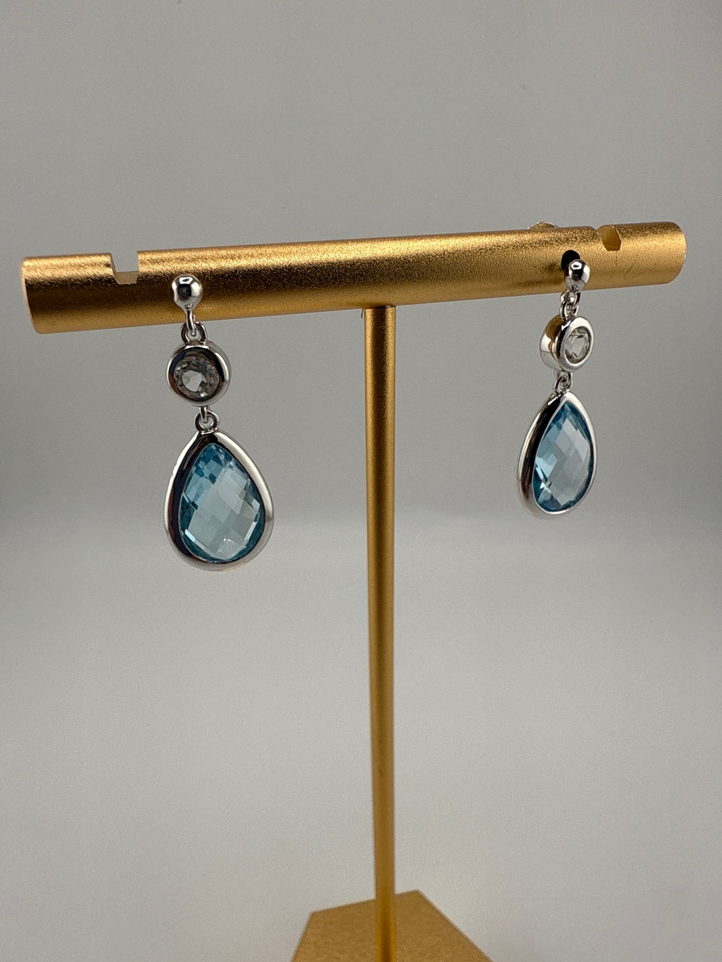 Sterling Silver, White Topaz & Gemstone Teardrop Earrings - Blue Topaz
