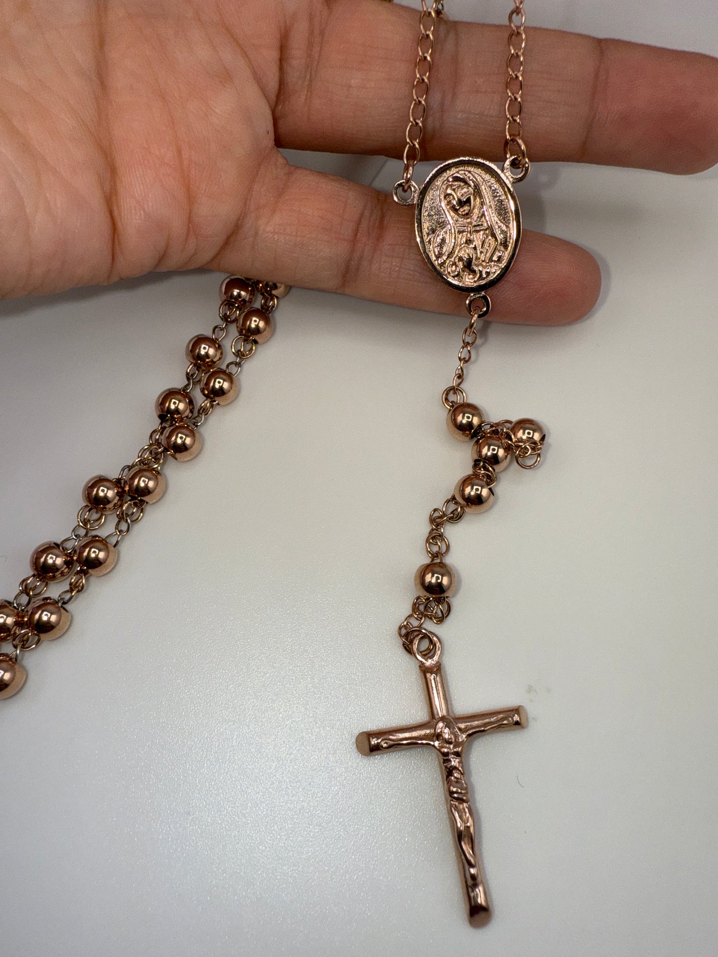 Stainless Steel Polished Rose IP-plated 30 inch Rosary Necklace
