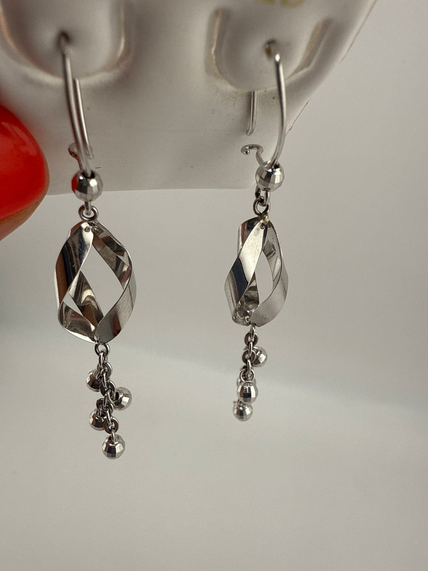 14k White Gold Dangle Huggie Earrings with Disco Ball Details