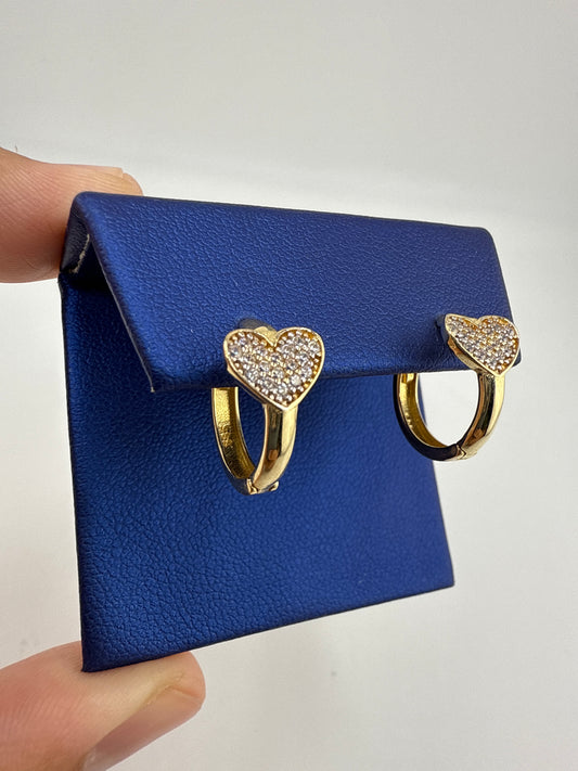 14k yellow and zirconia heart huggie earrings