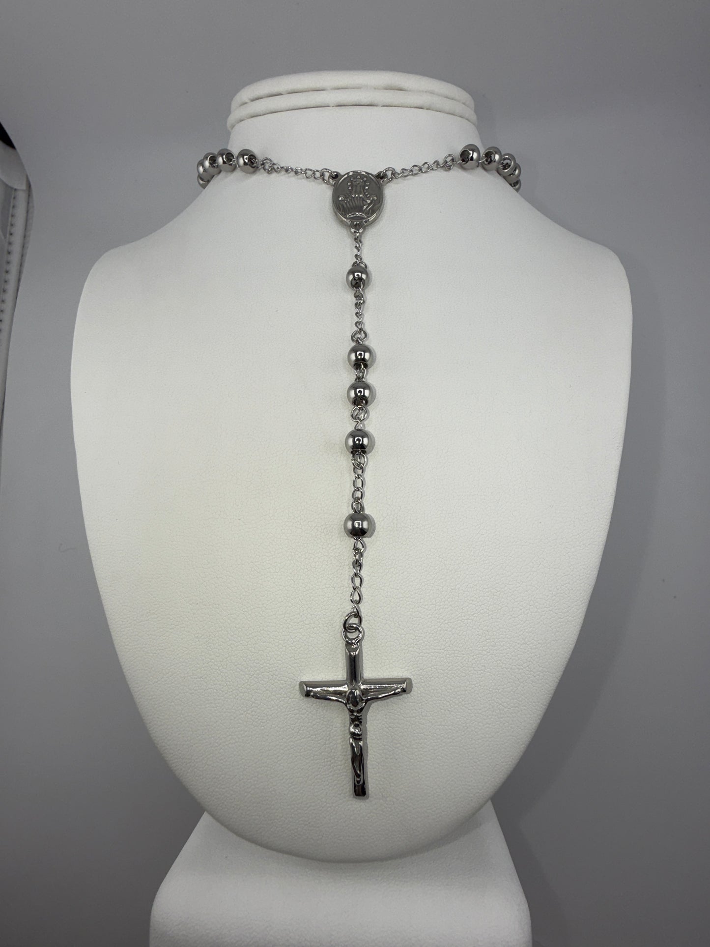 Stainless Steel Polished 6mm Beaded Rosary 29.5 inch Necklace