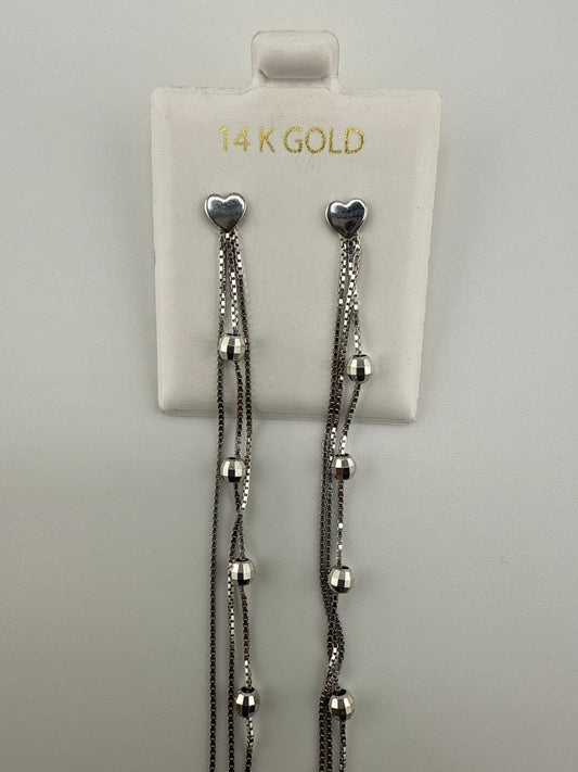 14k White Gold Dangle Post Earrings with heart and disco ball details