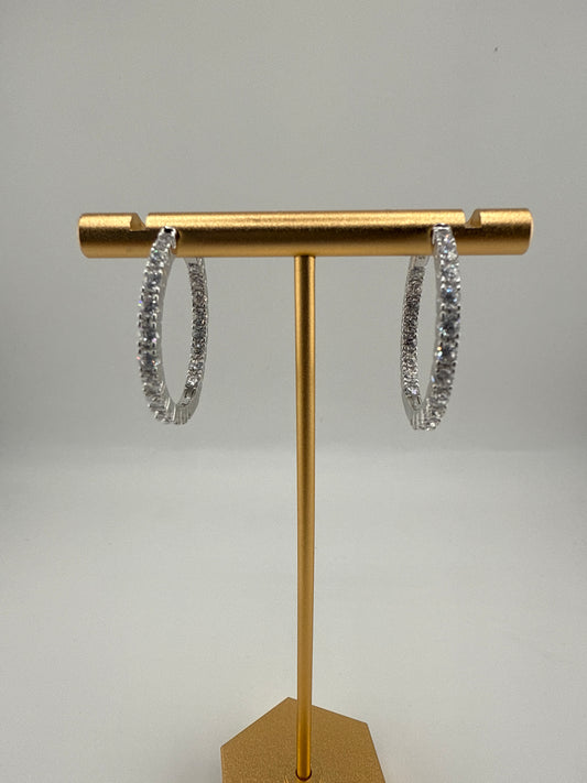 Sterling Silver, 3x30mm Inside-Outside Zirconia Hoop Earrings