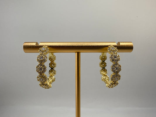 Sterling Silver 25mm Zirconia Flower Design Hoop Earrings - Gold Plated