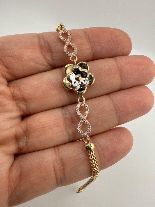 14k Tri-Gold Flower and Infinity sign Bracelet with Zirconia | 7 inches