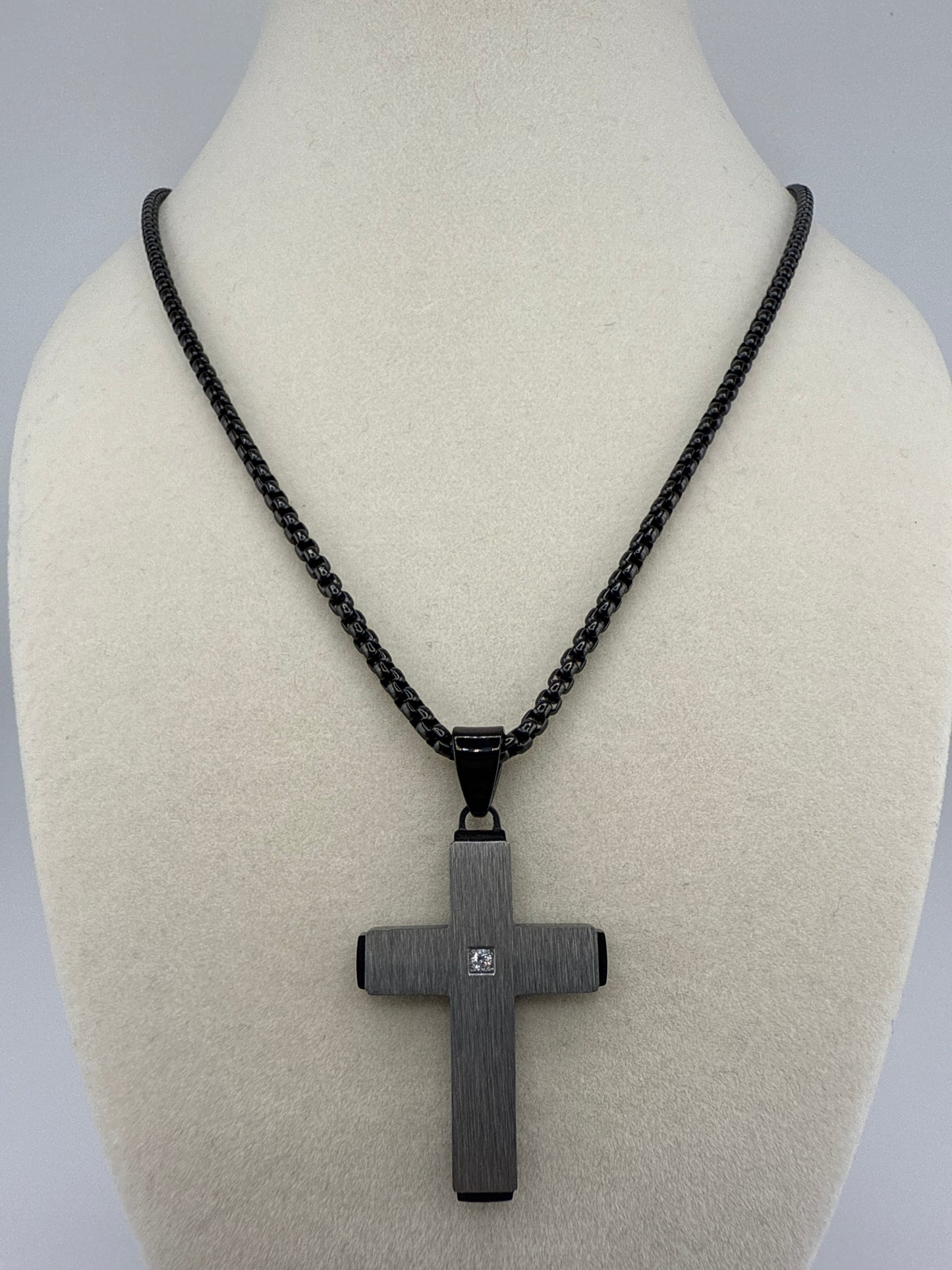 Stainless Steel Black & Silver Zirconia Cross Necklace