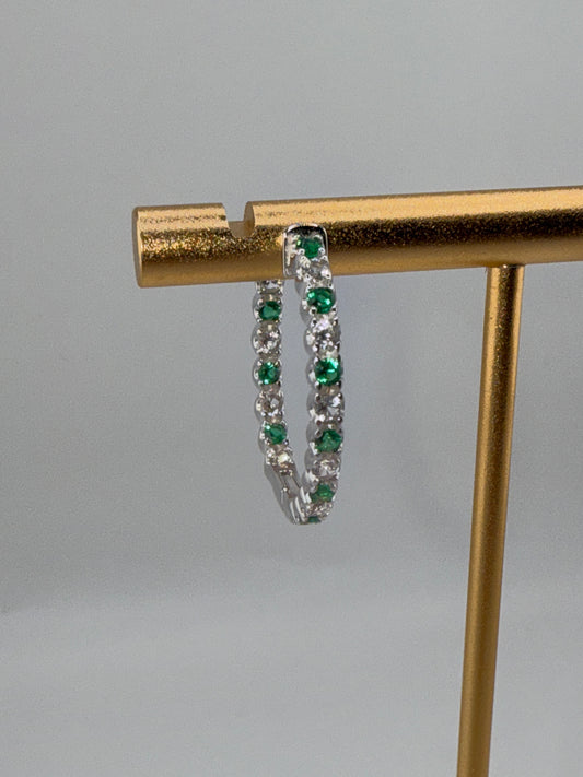 Sterling Silver 3x25mm Hoop Earrings - Created Emerald and White Sapphire