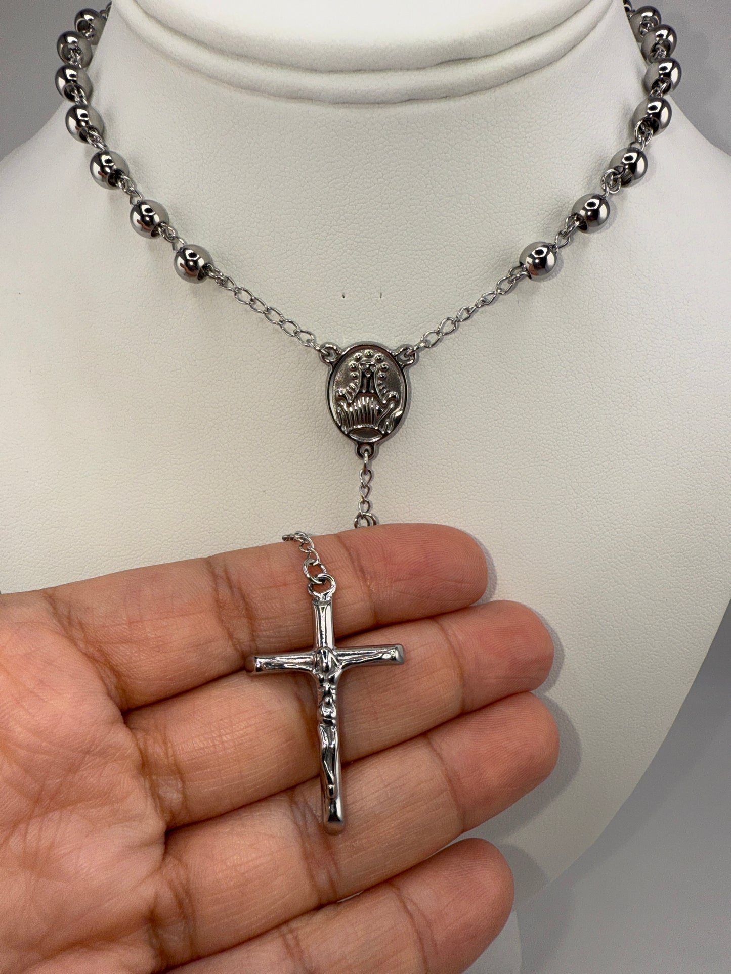 Stainless Steel Polished 6mm Beaded Rosary 29.5 inch Necklace