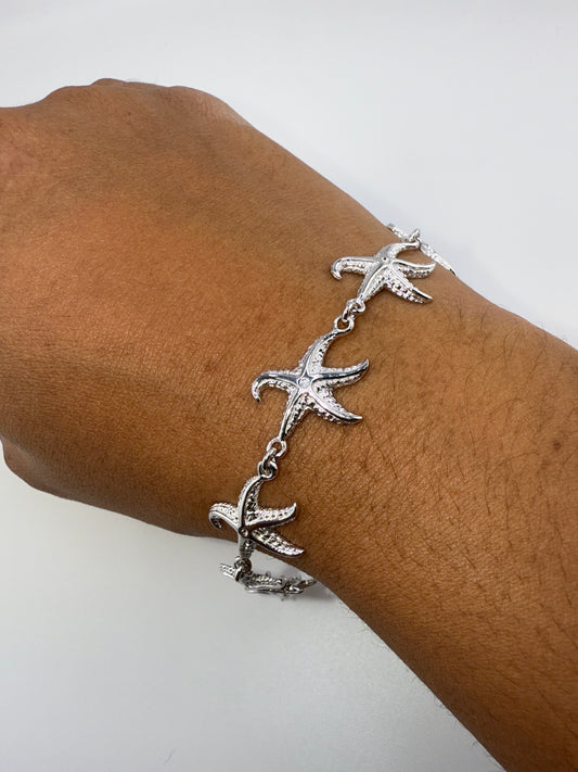 Sterling Silver Detailed Starfish Linked Bracelet
