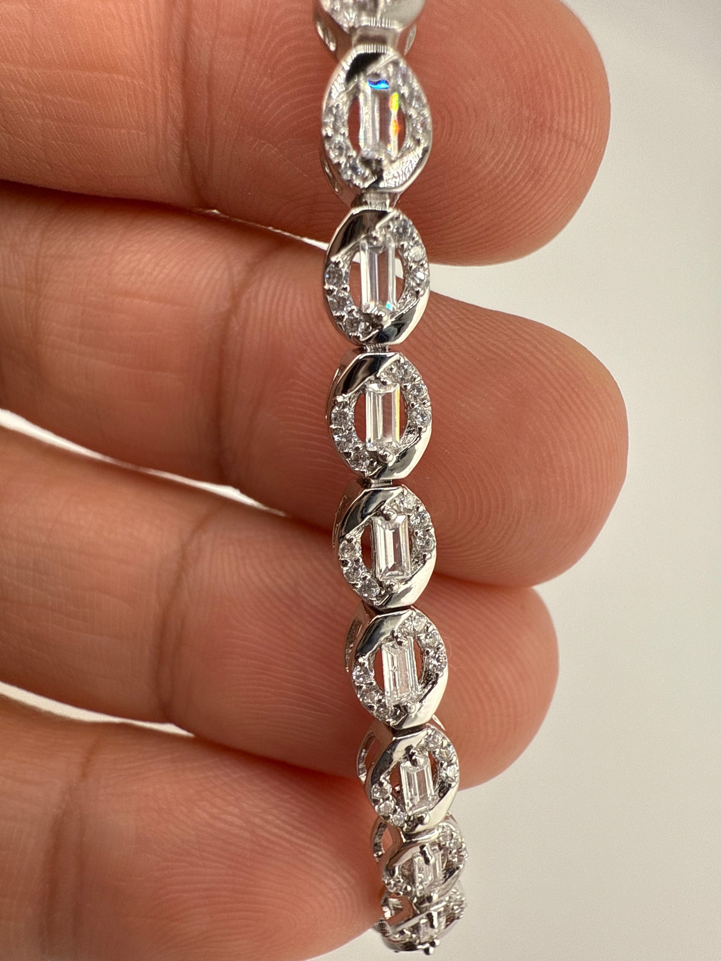 Sterling Silver Baguette Zirconia Oval Tennis Bracelet