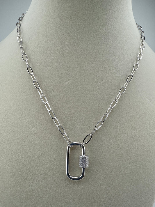 Sterling Silver Micro Pave Zirconia Oval Carabiner Paperclip Necklace