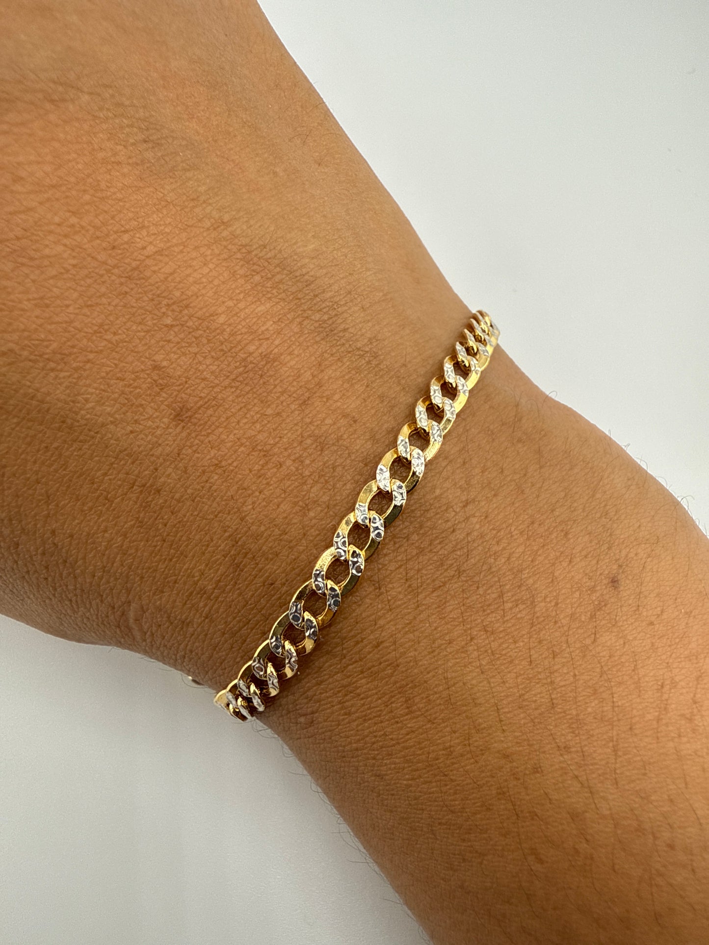 14k Gold Bracelet with white gold Pave | flat Cuban link | 8 inches