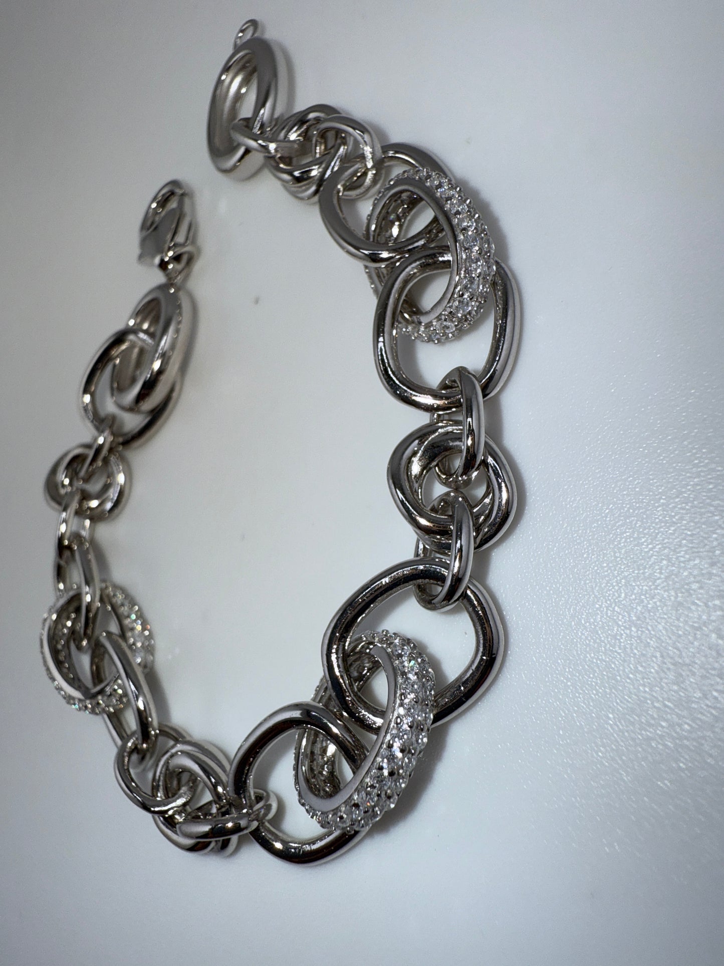 Sterling Silver, Micro Pave Zirconia & Polished Oval Linked Bracelet