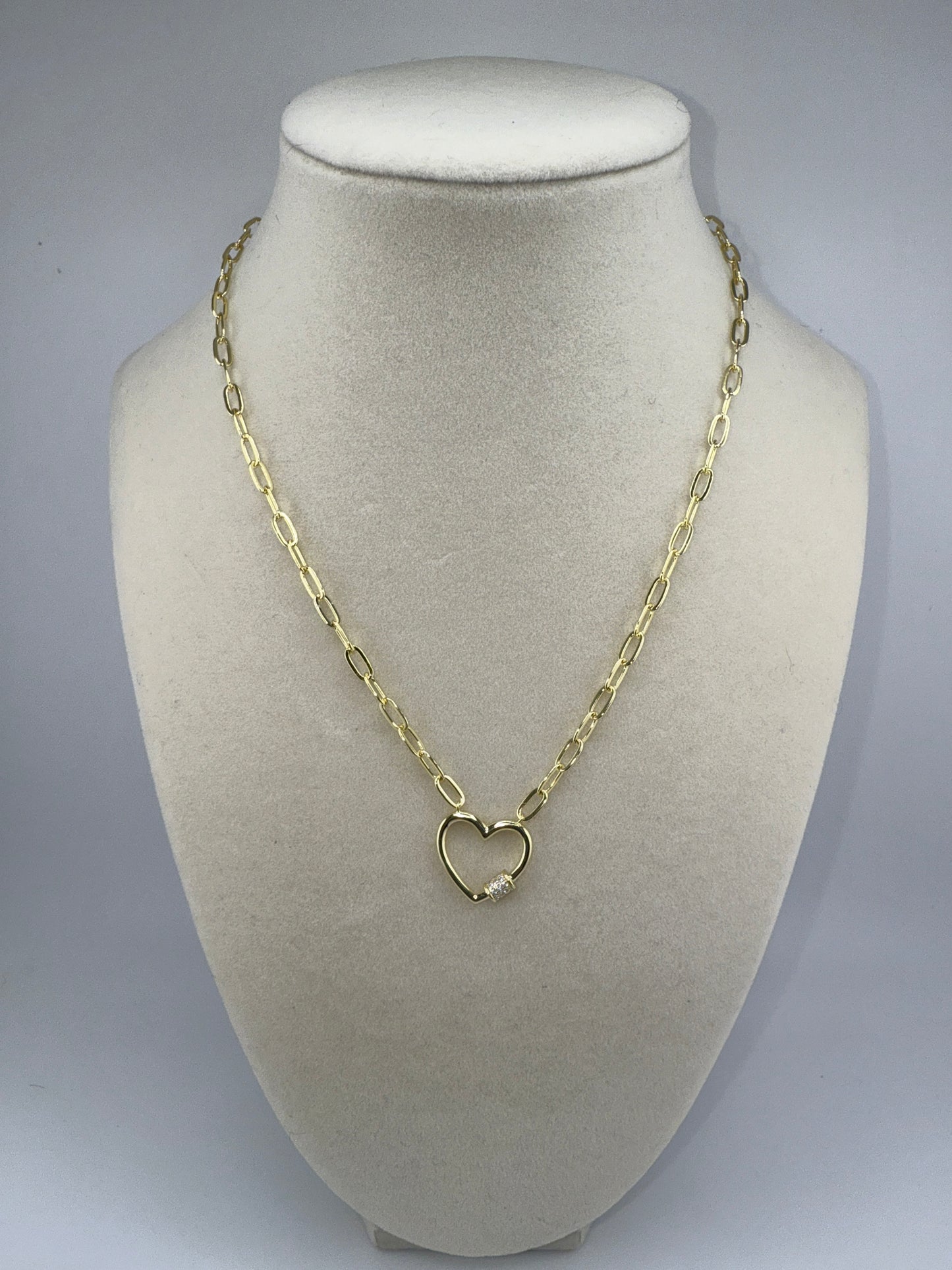 Gold Plated Sterling Silver Micro Pave Zirconia Heart Carabiner Paperclip Necklace