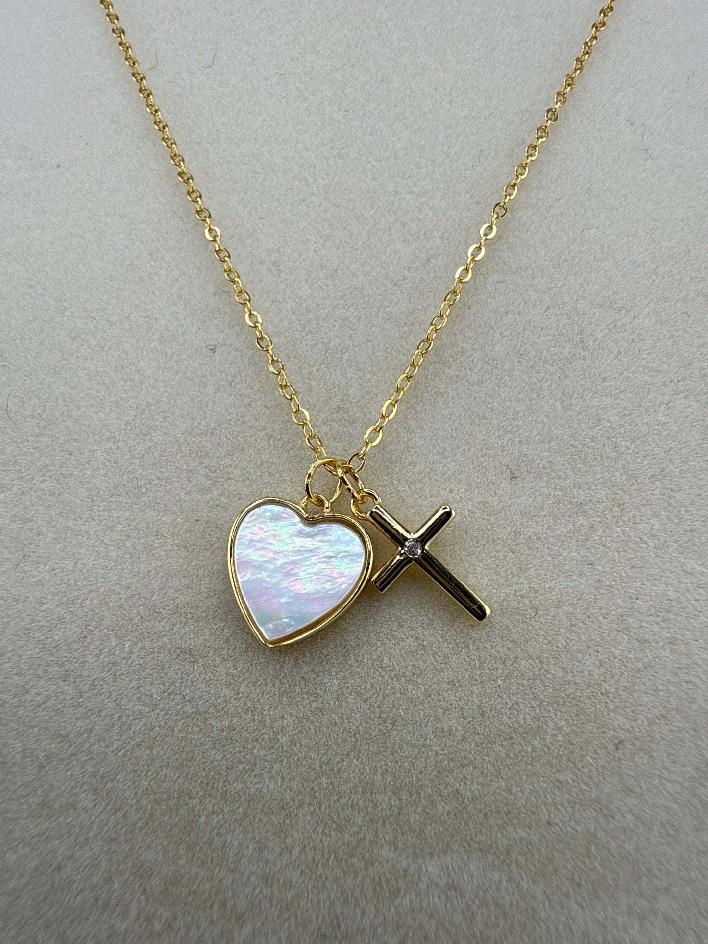 Sterling Silver Gold-plated MOP Zirconia Heart and Cross 14inches long